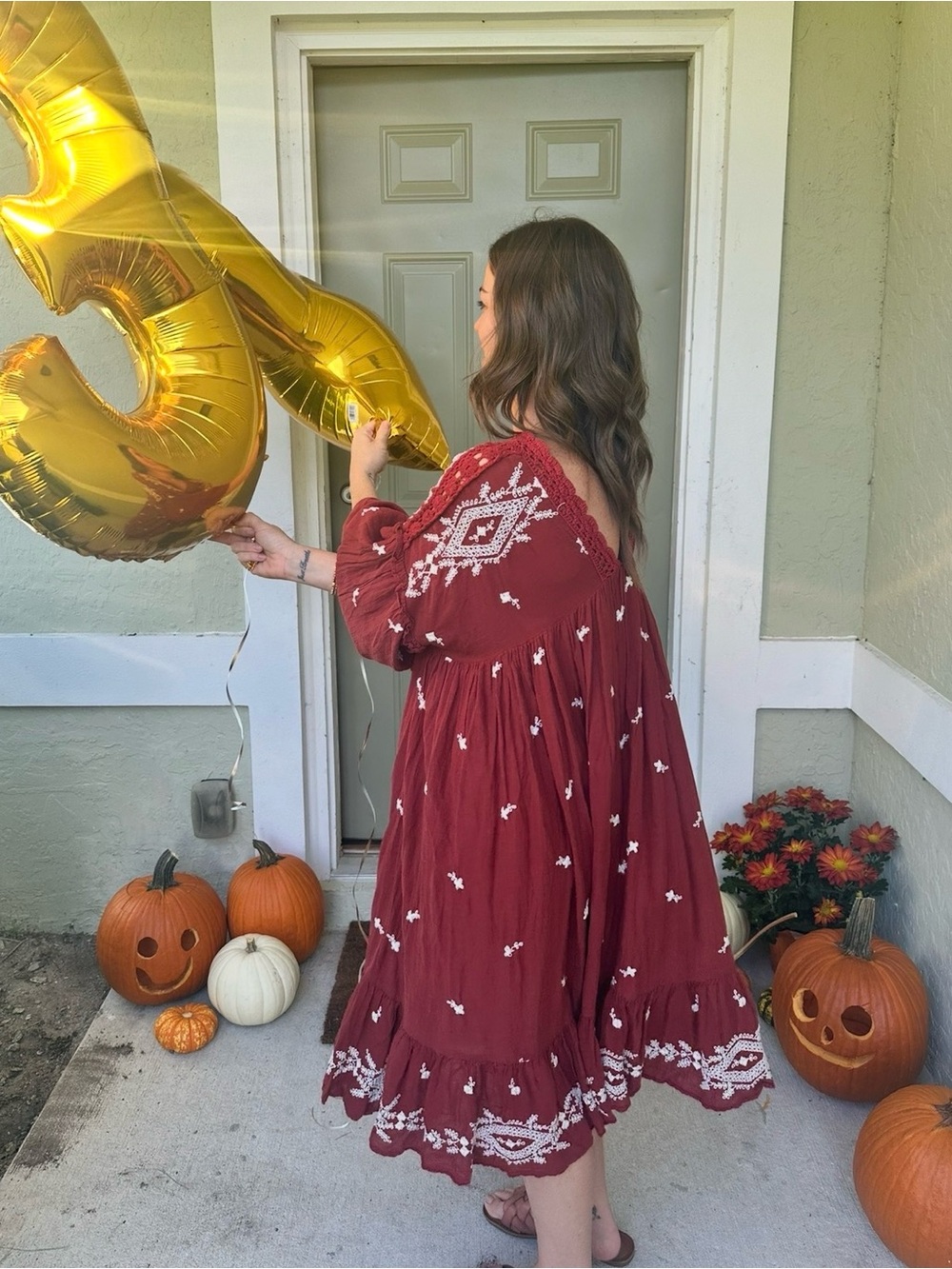 Free People Burgundy Midi Dress with White Embroidery